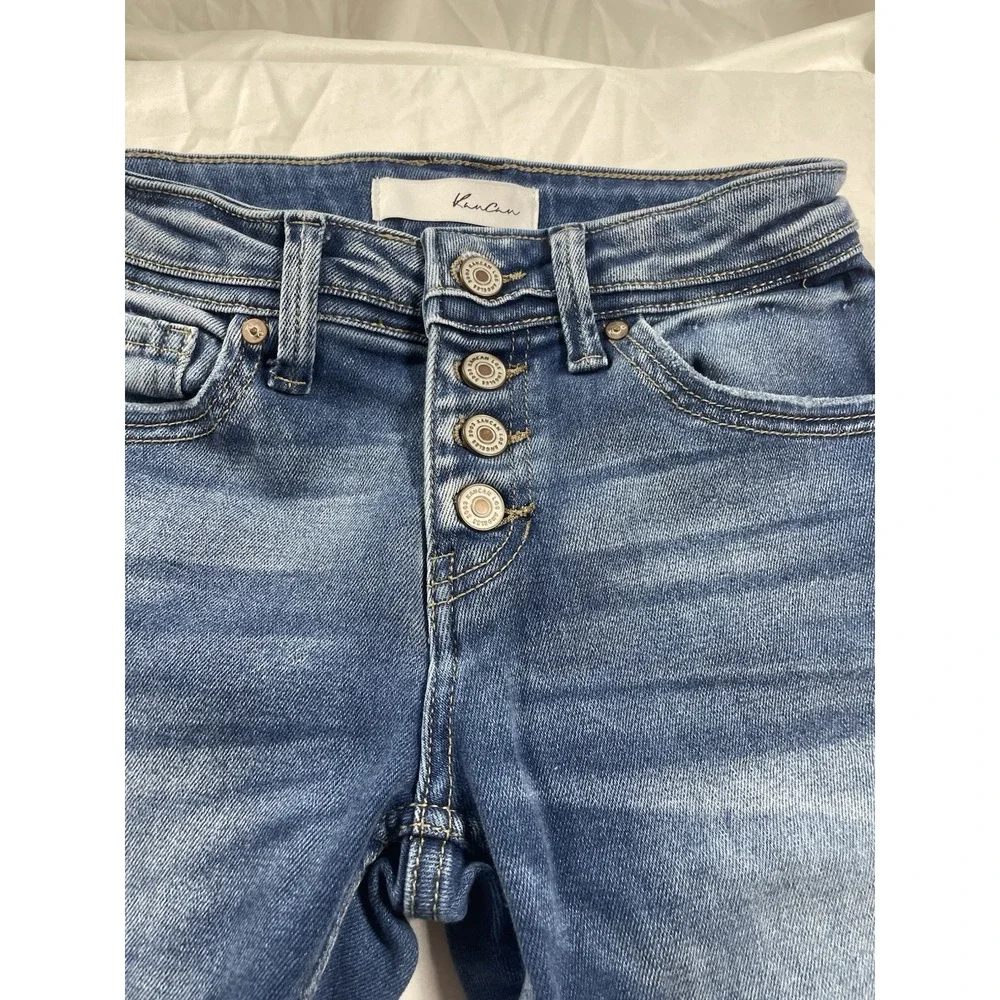 KanCan Women's High Rise Straight Distressed Button Fly Blue Denim Jeans
